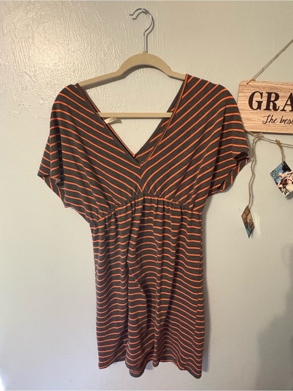 Soda Striped V-Neck Dress in Dark Gray and Orange